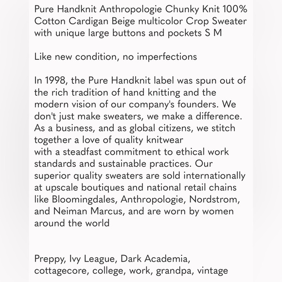 Pure Handknit Anthropologie Chunky Cotton Cardigan Beige multi Crop Sweater S M - Picture 9 of 9